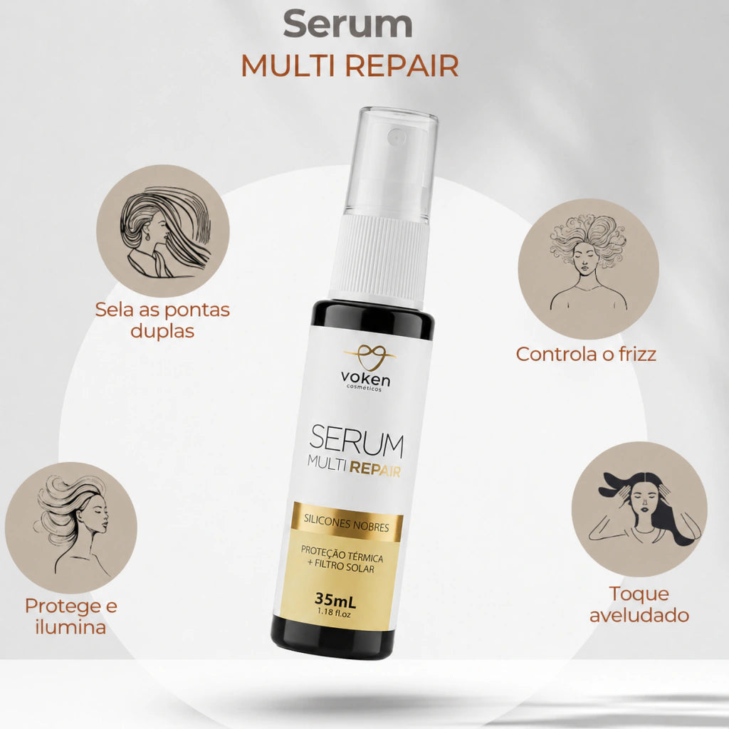 Serum Multi Repair C/ Silicones Nobres, Proteção Térmica e Filtro UV 35ml - Voken Cosméticos
