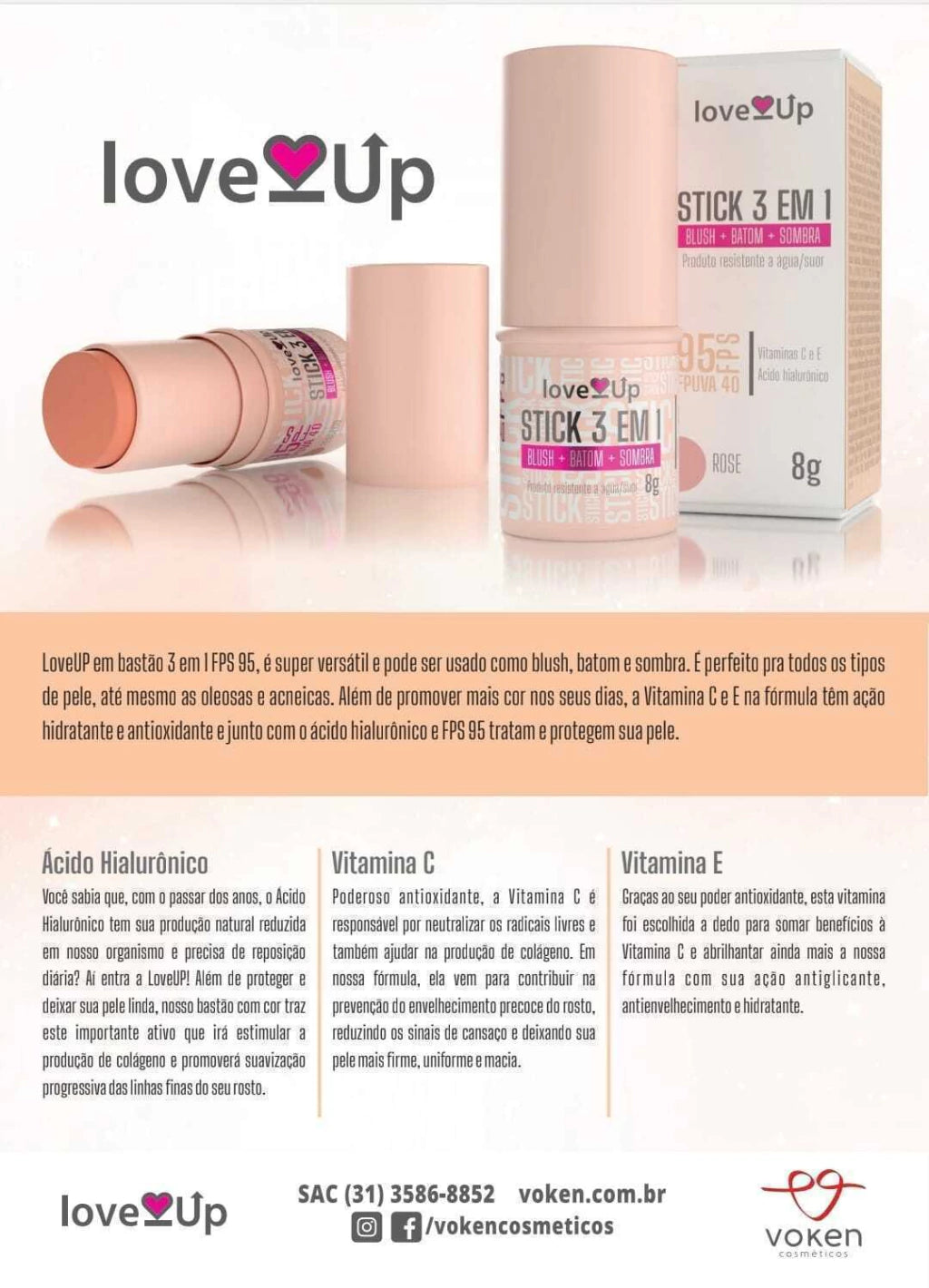 Stick 3 em 1 Blush + Batom + Sombra FPS 95 Rosê 8g - Voken Cosméticos
